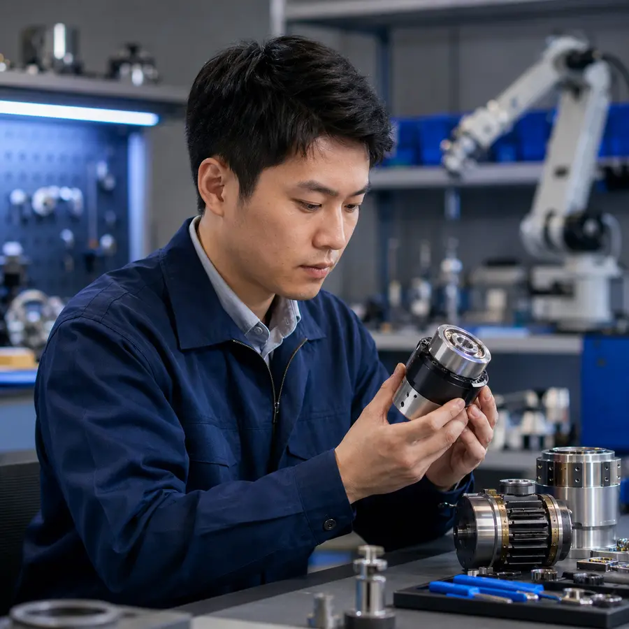 Robotics sourcing professional inspecting a joint actuator