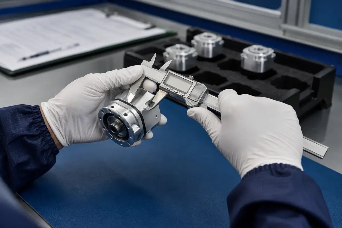 Quality inspector measuring a robot joint component before shipment